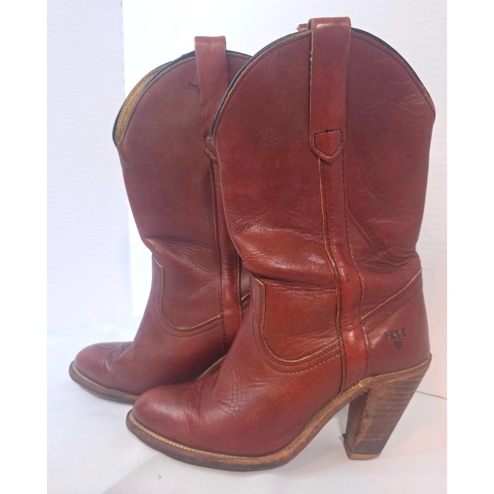 VTG 80s Frye Brown Leather Western Cowboy Boots Pointed Toe Stacked Heel 6.5B